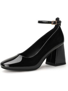 Women's Black Comfortable Closed Toe Low Block Ankle Strap Pumps Chunky Heels